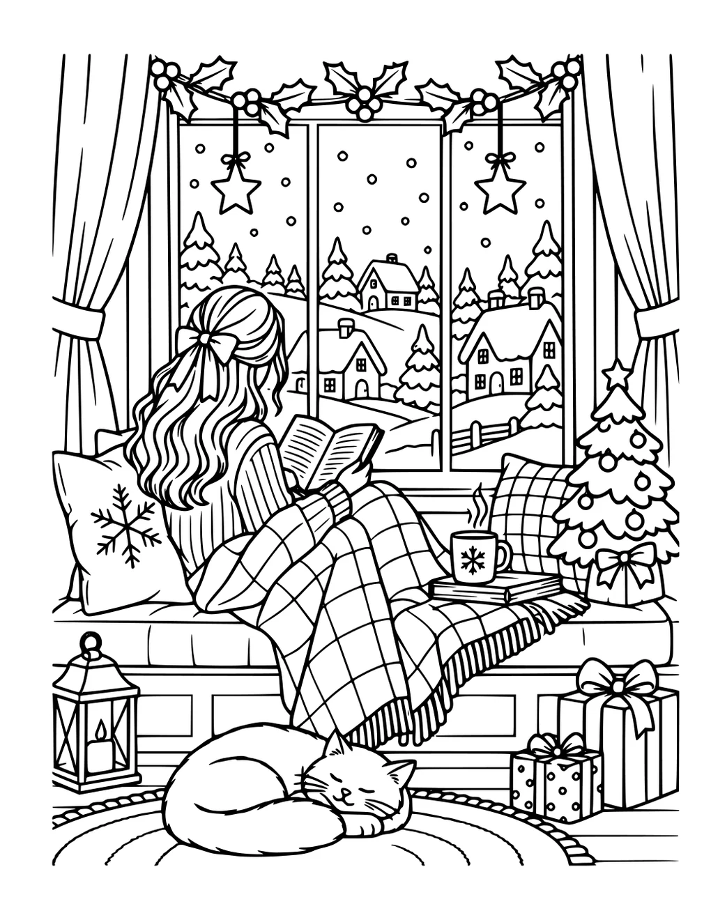 A woman reading by a snowy window with a sleeping cat
