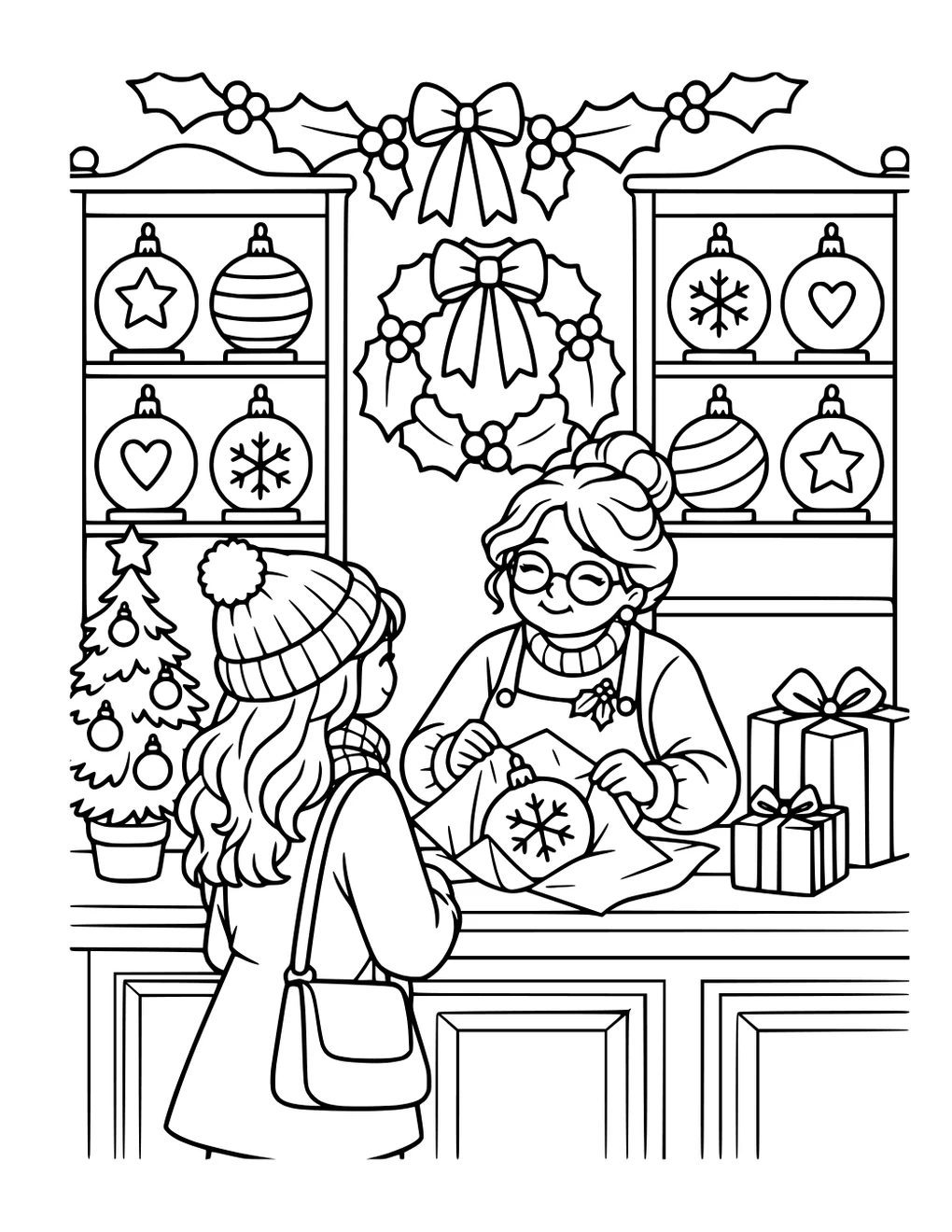 A customer browsing a cozy Christmas ornament shop