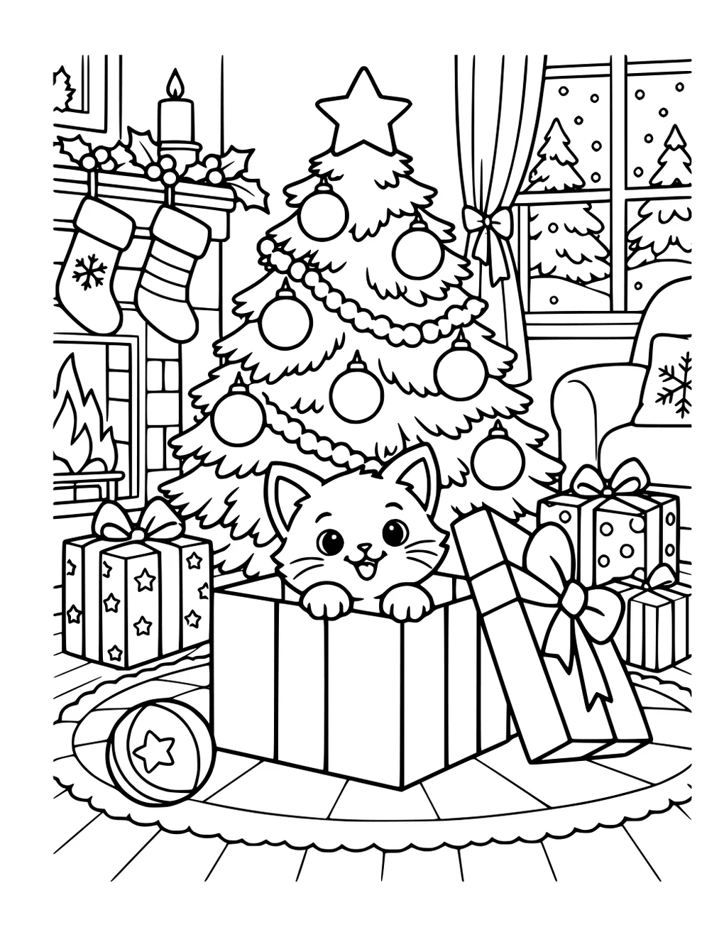 A kitten peeking out of a gift beneath a Christmas tree