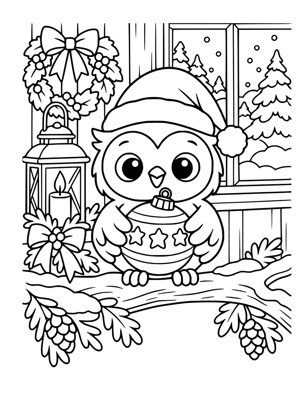 An owl in a Santa hat beside a lantern and wrapped gifts