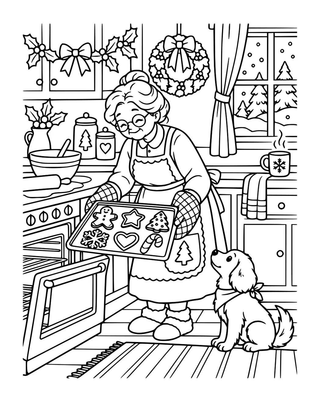 A woman baking Christmas treats with her cat nearby