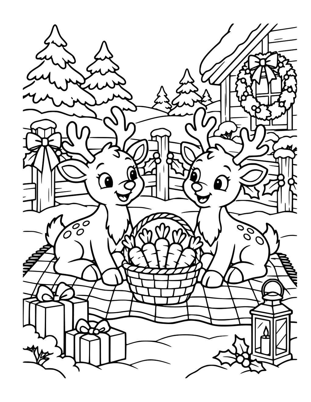 Two reindeer sharing a picnic in a snowy village