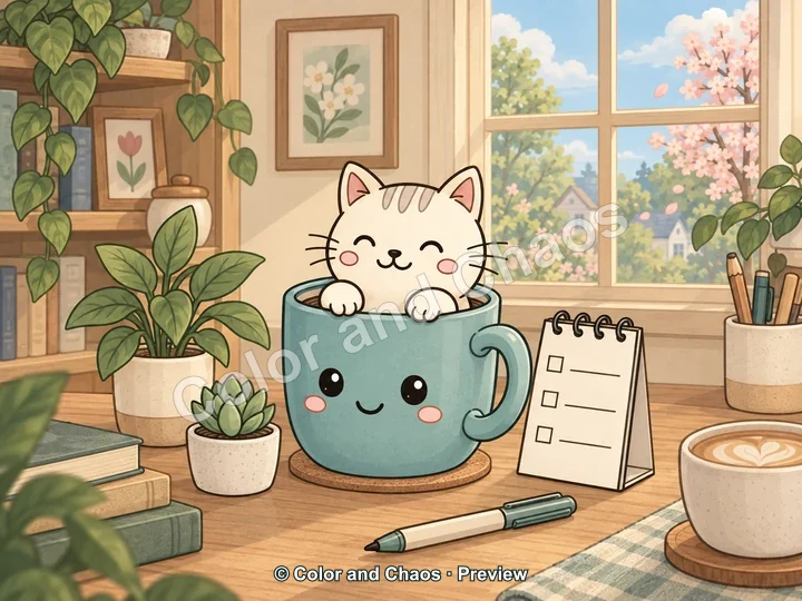 A cream cat peeks from a smiling teal coffee mug beside a sunny window.