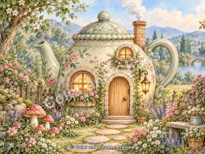 A sage teapot-shaped cottage sits among flowers beside a garden path.