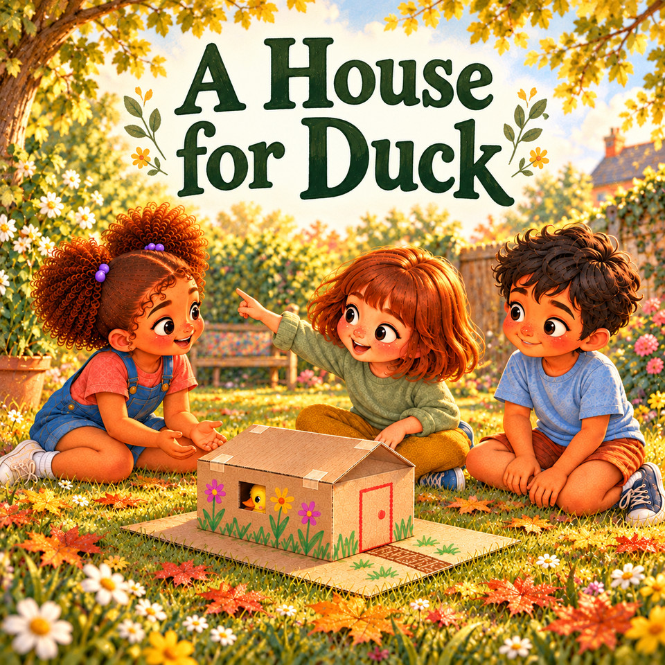 A House for Duck cover: Wren, Hazel and Milo sit together in a sunny garden beside a small cardboard house, with a yellow toy duck peeping through its flower-decorated window.