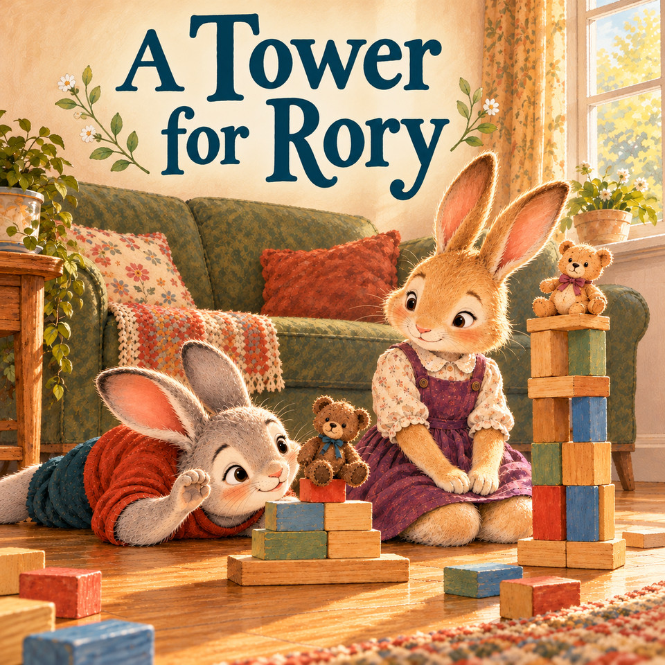 A Tower for Rory cover: gray rabbit Rory leans beside his short block tower and teddy bear while Cleo sits next to a taller tower with her own bear in a sunny sitting room.