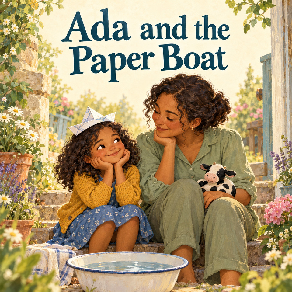 Ada and the Paper Boat cover concept: Ada sits beside Mama on a garden step with a folded paper boat on her head; Mama holds a toy cow beside a bowl of water.