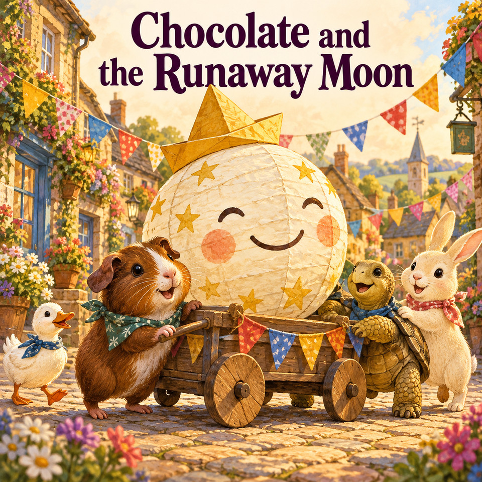 Chocolate and the Runaway Moon cover concept: a guinea pig, tortoise, rabbit and duck gather around a wheeled cart carrying a smiling paper moon wearing a yellow hat.