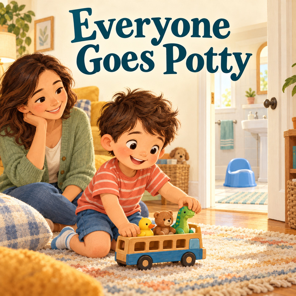 Everyone Goes Potty cover concept: Ben plays with a toy bus carrying a duck, bear and dinosaur while Mom sits nearby; a blue potty is visible through the bathroom doorway.