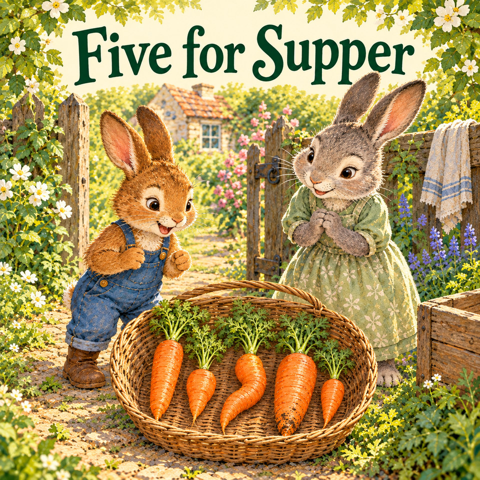 Five for Supper cover: Toby, a golden rabbit in blue overalls, and Mabel, a gray rabbit in a green floral dress, smile at exactly five carrots in a wicker basket by a garden gate.