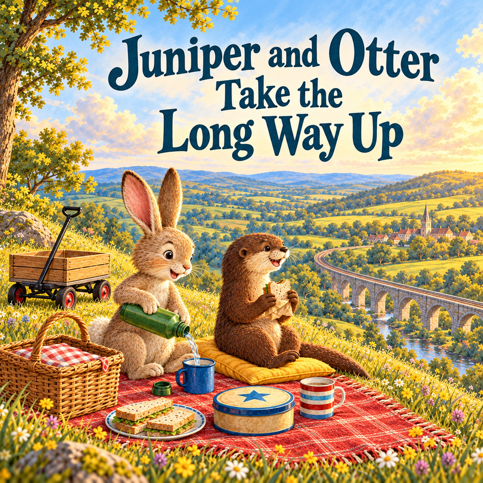 Juniper and Otter Take the Long Way Up cover: a rabbit and an otter share a hilltop picnic beside their wagon, overlooking a railway viaduct; Juniper pours water while Otter holds a sandwich.