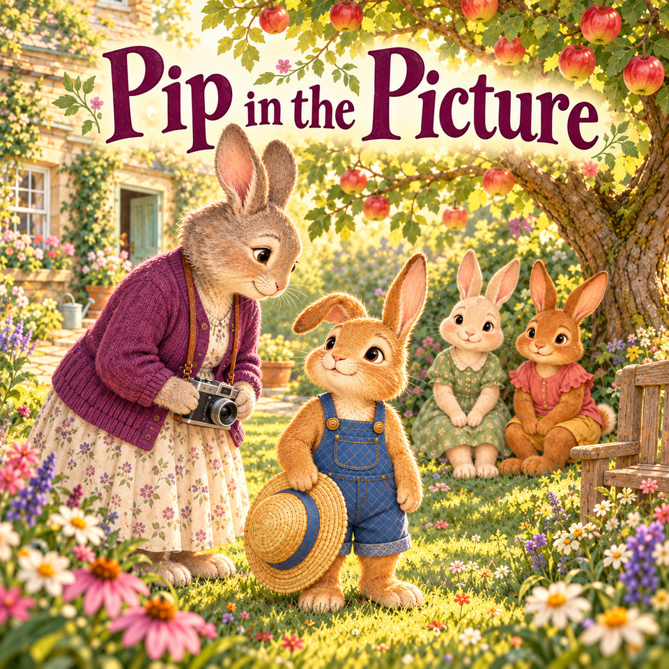 Pip in the Picture cover: Pip, a golden rabbit with one bent ear and blue patterned overalls, holds a straw hat beside Gran and her camera, with two friends under an apple tree.