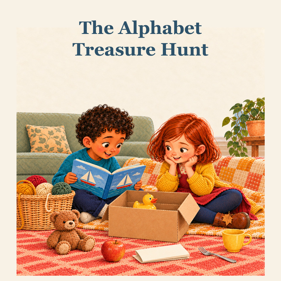 The Alphabet Treasure Hunt cover: Felix and Rosa read a boat book beside a cardboard box holding a yellow toy duck, surrounded by household treasures on a colourful rug.