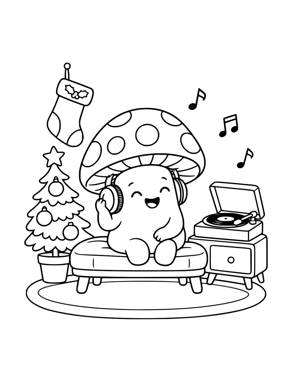 A mushroom listening to records beside a Christmas tree