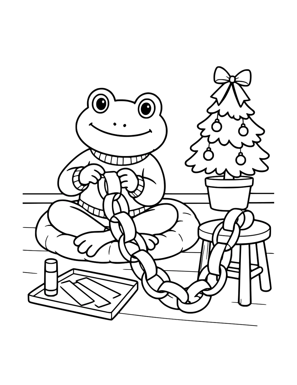 A frog making a paper chain beside a Christmas tree