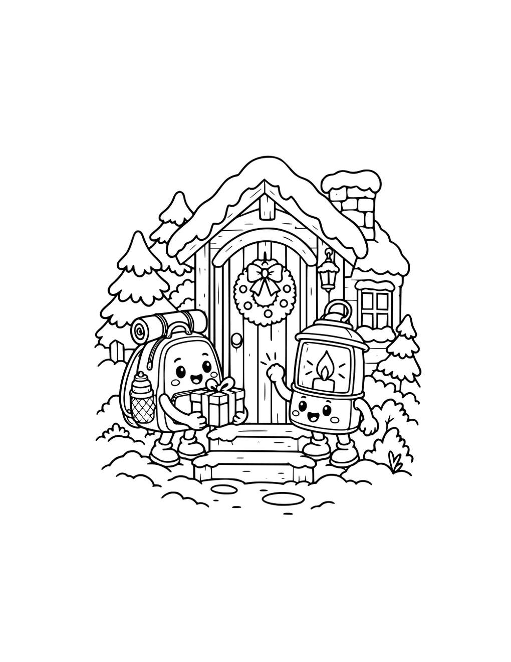 A smiling gingerbread house decorated for Christmas