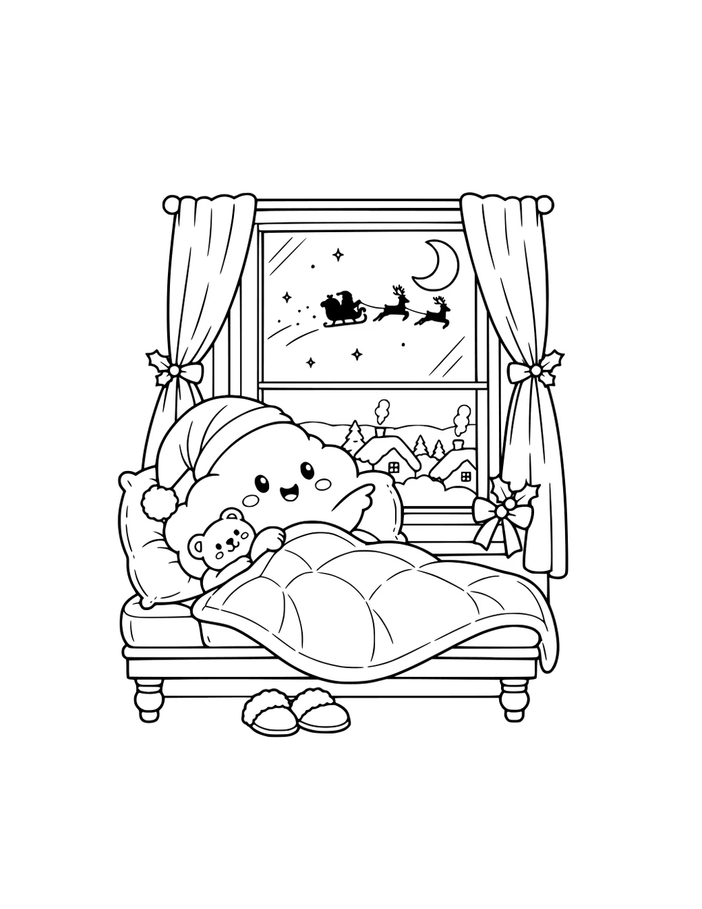 A cookie tucked into bed while Santa flies past the window