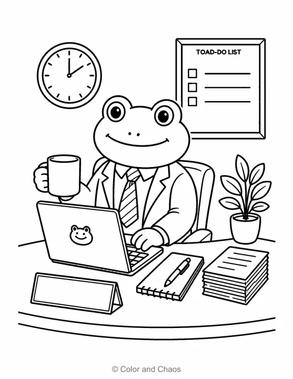 A cheerful frog with a cup at its desk, from Little Moments