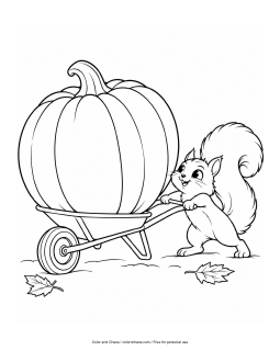 Preview of a squirrel pushing an enormous pumpkin in a wheelbarrow