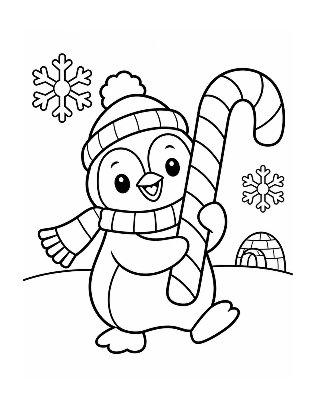 A penguin carrying a candy cane